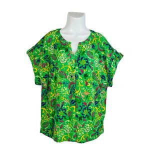Dear Scarlett Plus Size 3X Green Floral V Neck Blouse Short Sleeve Top Stretch